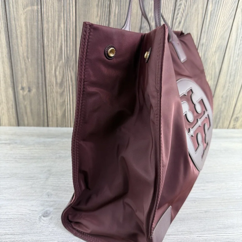 Tory Burch Ella Large Tote Bag Burgundy Nylon Leather Logo Shoulder Handbag